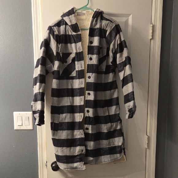 New Striped Hooded Button-Up Jacket. Fleece Long Sleeve Fall Coat - Picture 1 of 11